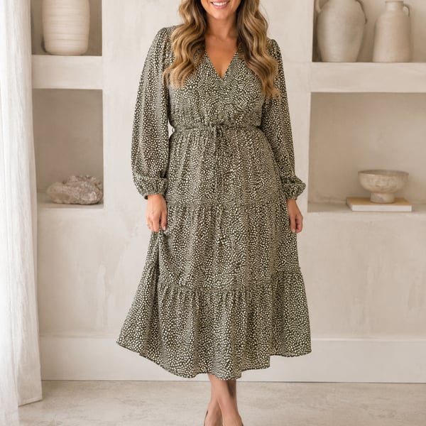 Fashion XXL Green Leopard Print Tiered Midi Dress Long Sleeve Tie Waist Boho