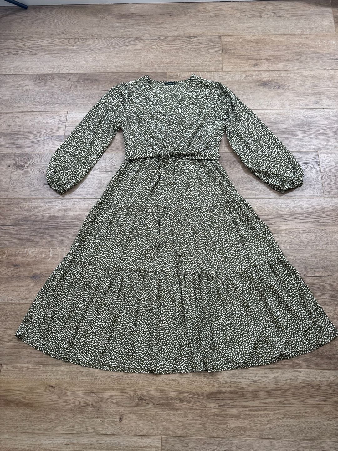 Fashion XXL Green Leopard Print Tiered Midi Dress Long Sleeve Tie Waist Boho 3