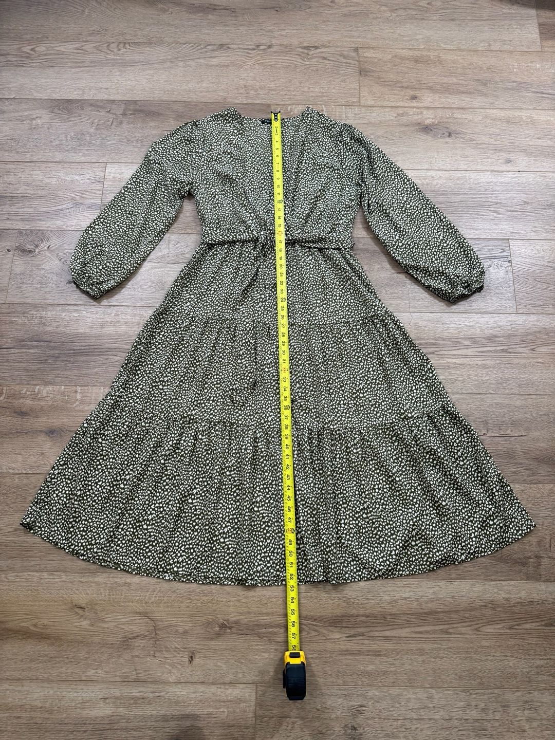Fashion XXL Green Leopard Print Tiered Midi Dress Long Sleeve Tie Waist Boho 4