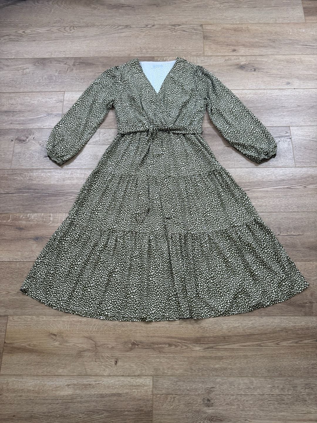Fashion XXL Green Leopard Print Tiered Midi Dress Long Sleeve Tie Waist Boho 8