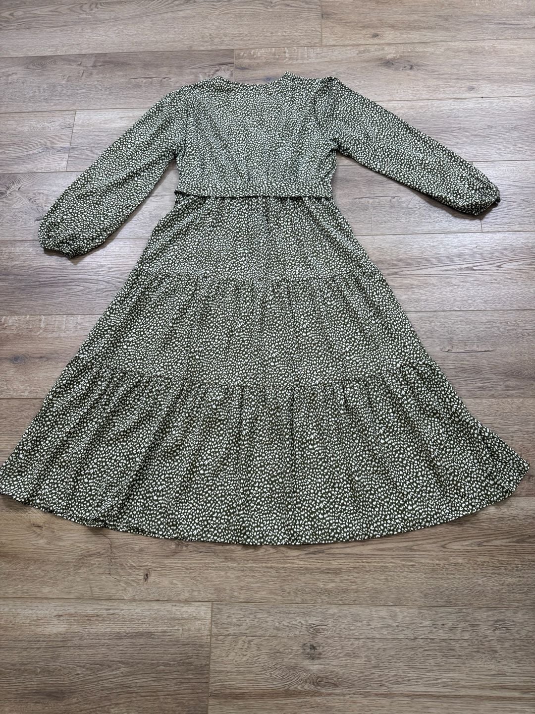 Fashion XXL Green Leopard Print Tiered Midi Dress Long Sleeve Tie Waist Boho 12