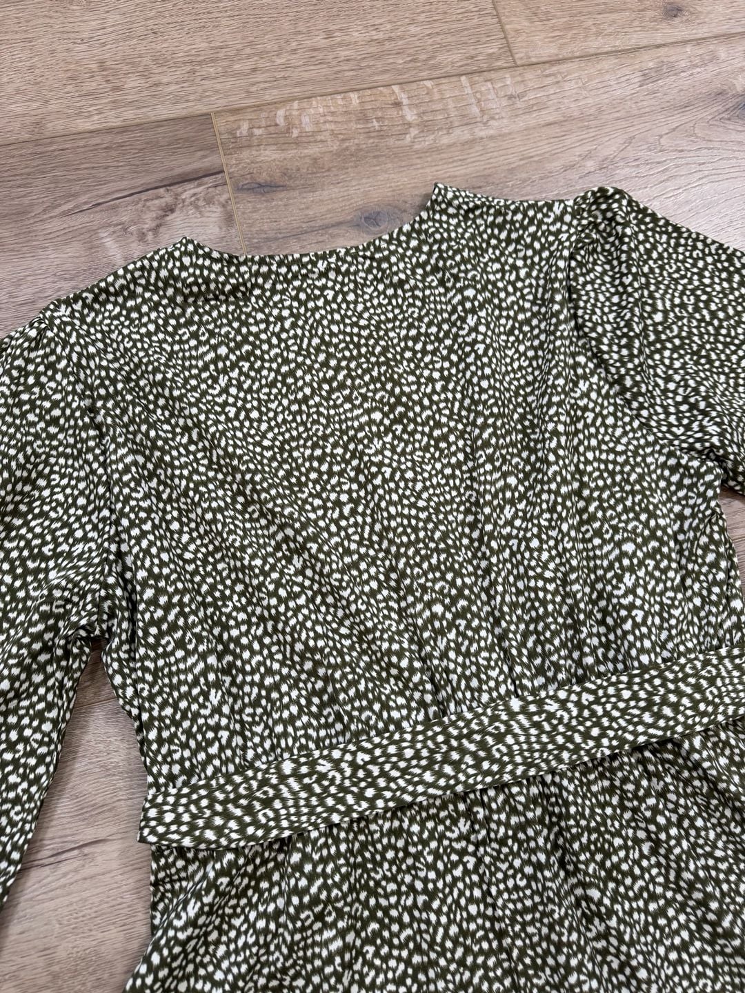 Fashion XXL Green Leopard Print Tiered Midi Dress Long Sleeve Tie Waist Boho 13