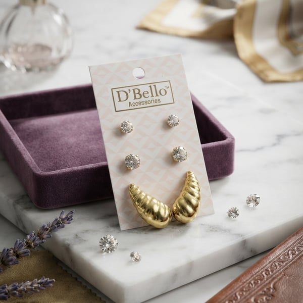 D'Bello Accessories 3-Pair Gold-Tone Hoop and Stud Earring Set