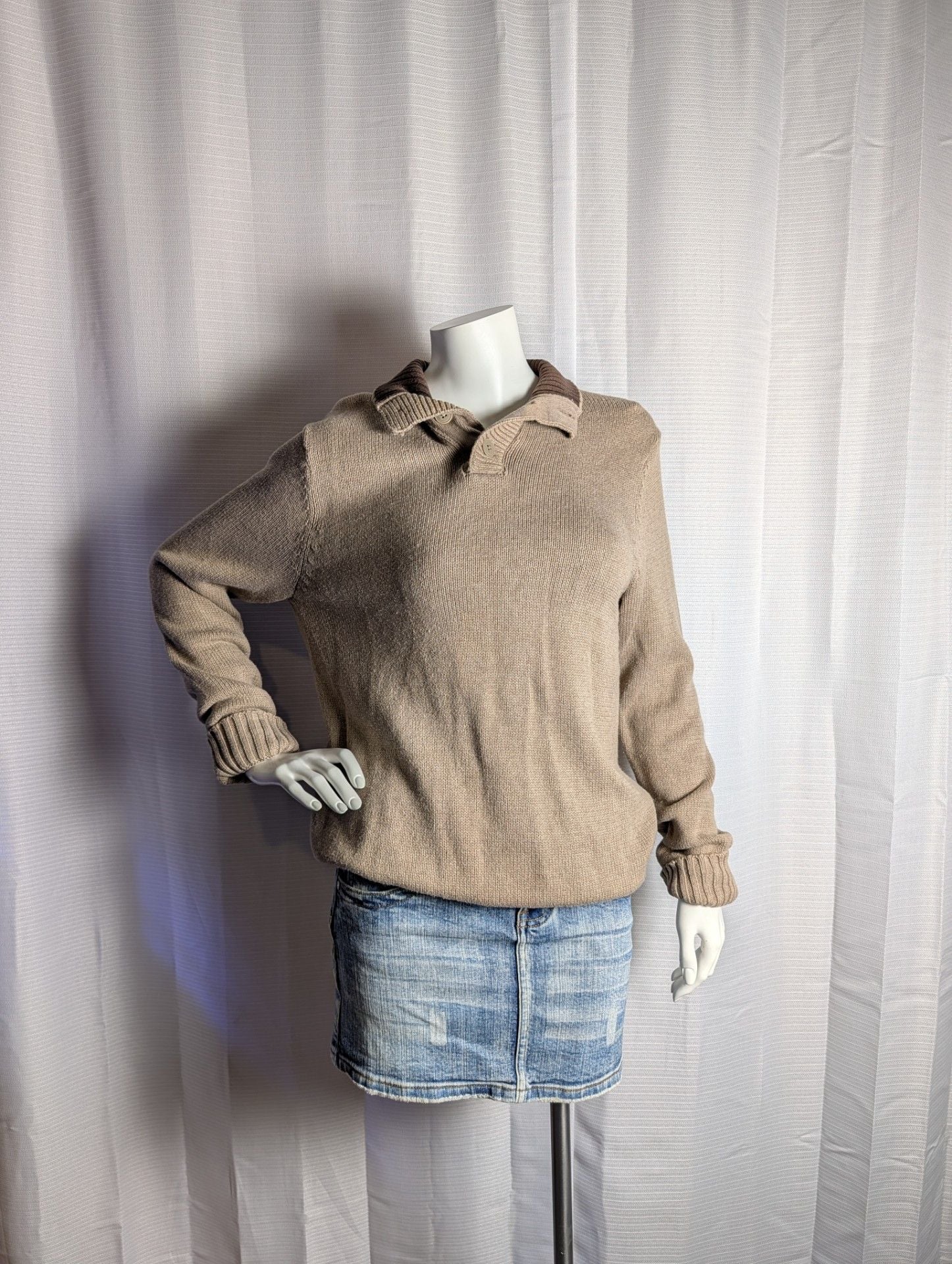 Old Navy Vintage Style Tan Knit Button-Up Collar Sweater 2