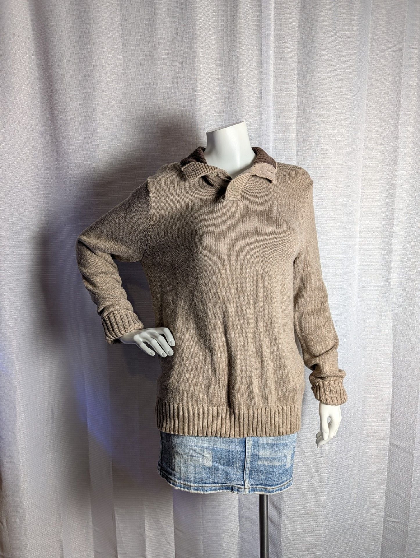 Old Navy Vintage Style Tan Knit Button-Up Collar Sweater 4