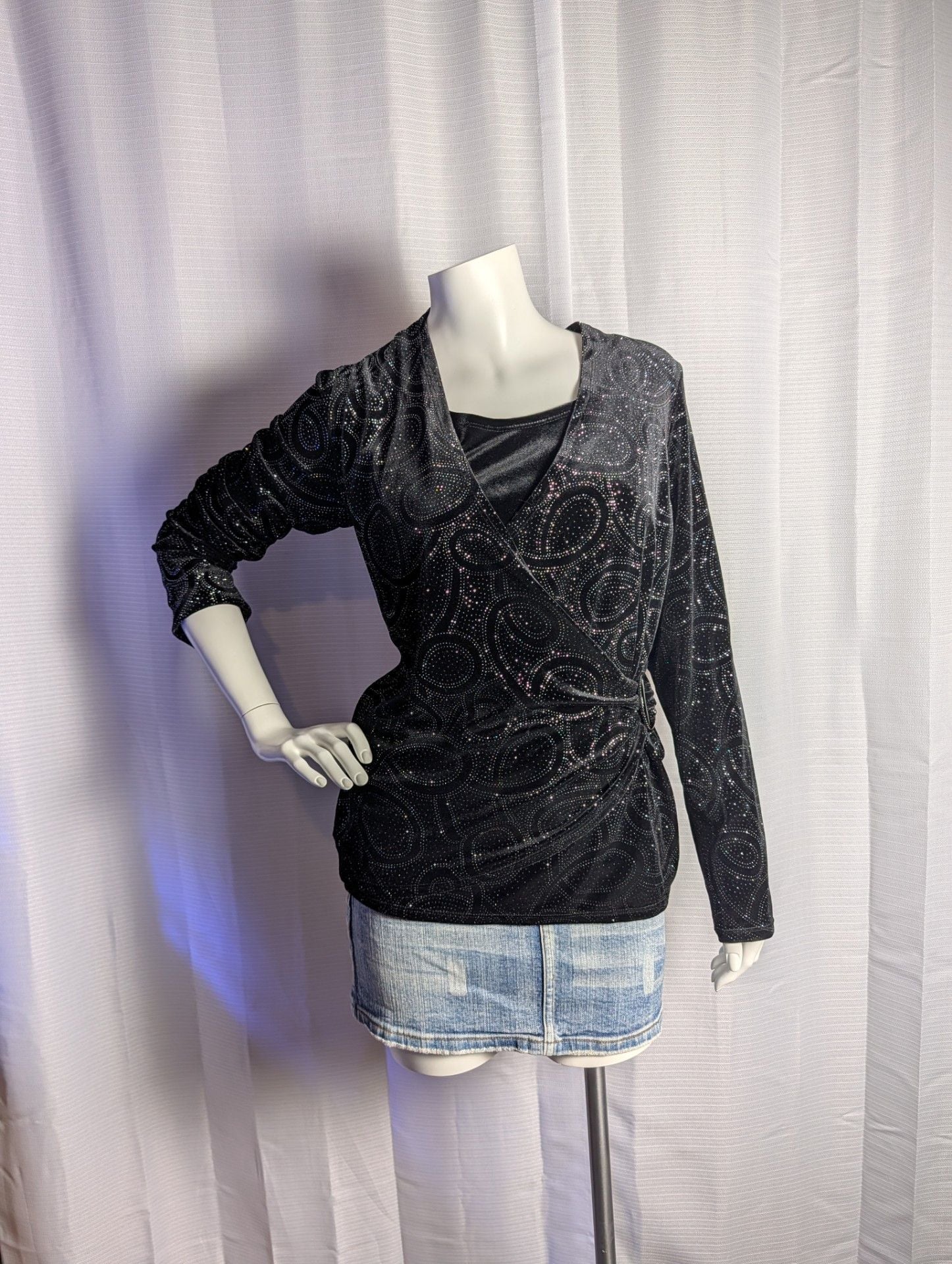 Notations Black Velvet Glitter Paisley Wrap Top with Side Ring Detail 2