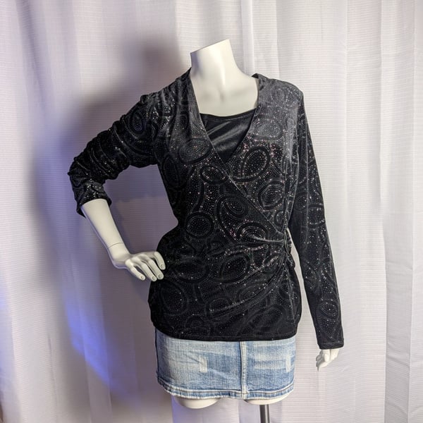 Notations Black Velvet Glitter Paisley Wrap Top with Side Ring Detail