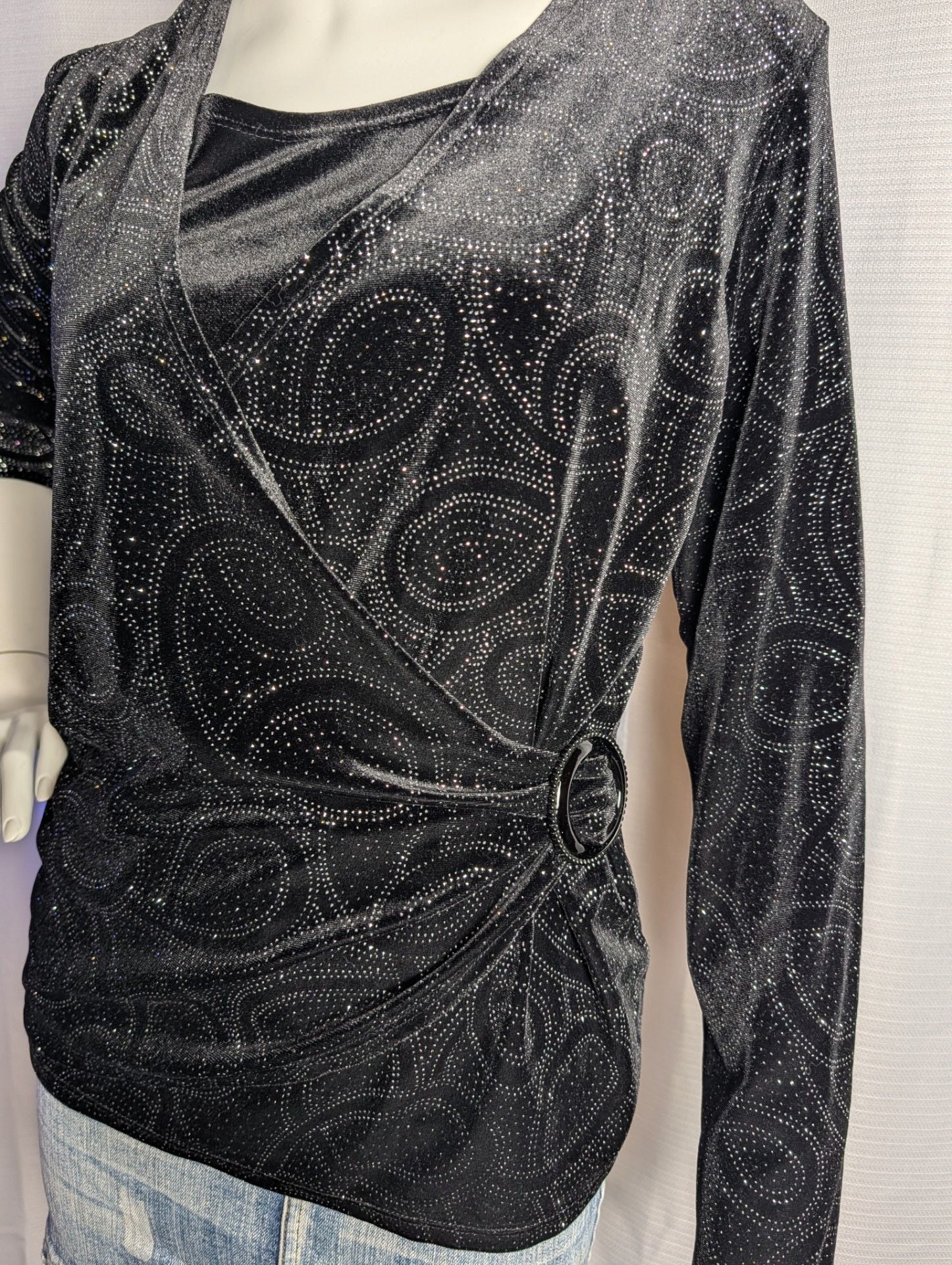 Notations Black Velvet Glitter Paisley Wrap Top with Side Ring Detail 3