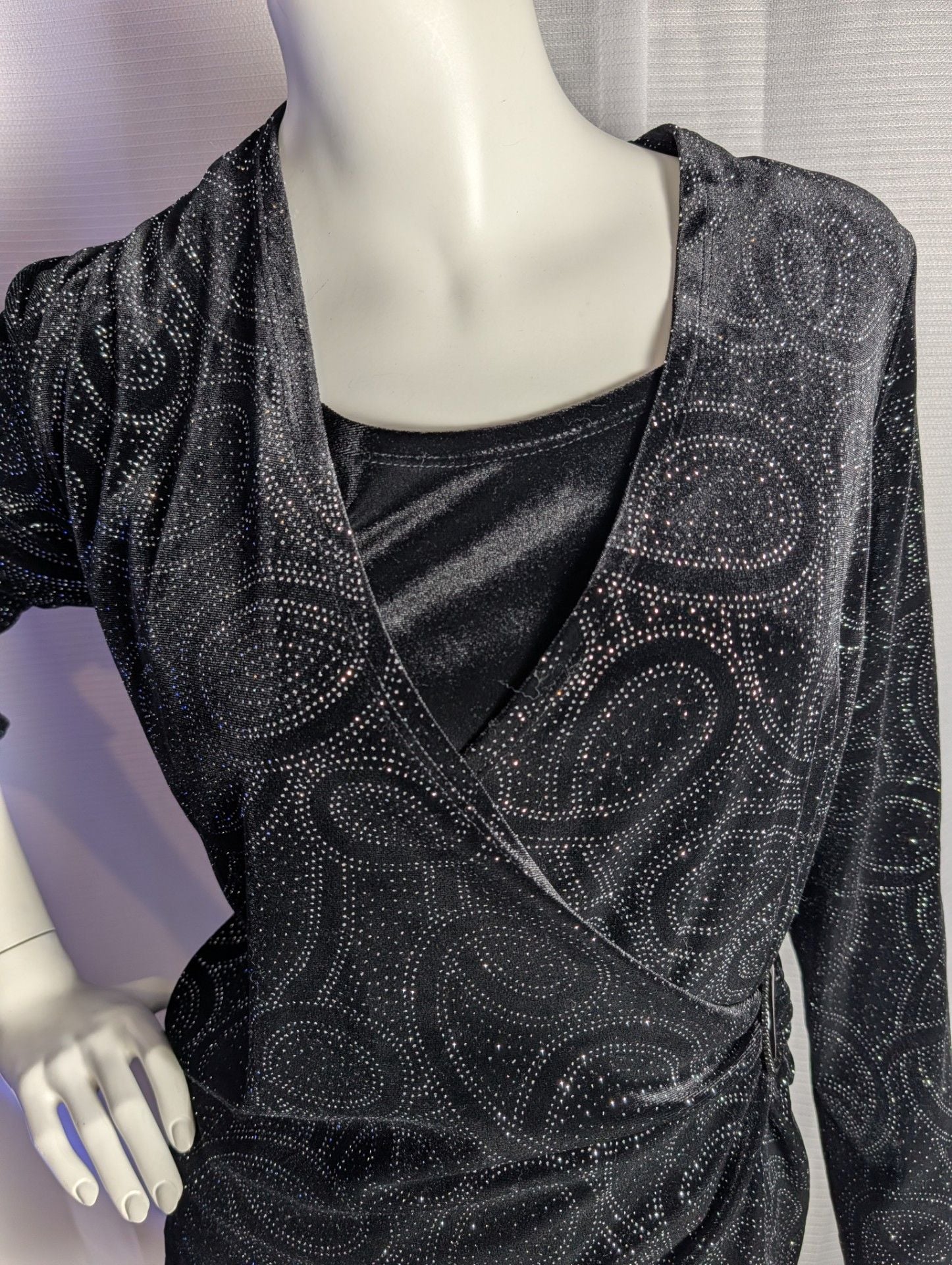 Notations Black Velvet Glitter Paisley Wrap Top with Side Ring Detail 4