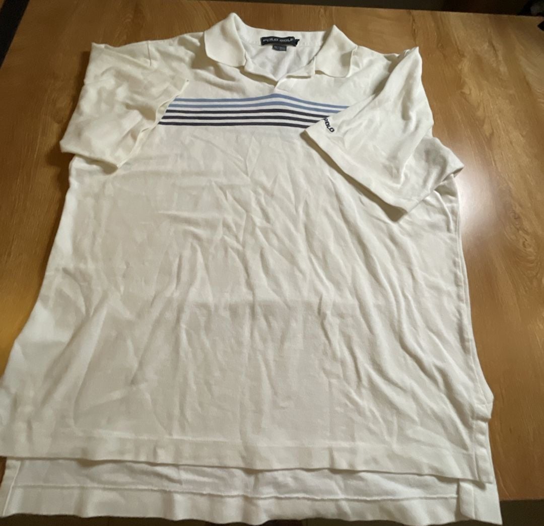 Polo Golf Ralph Lauren Men's White Pique Polo Shirt with Blue and Navy Chest Stripes 2
