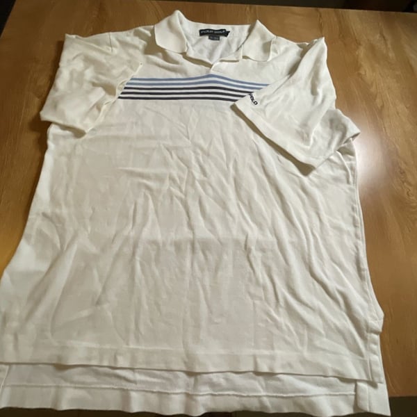 Polo Golf Ralph Lauren Men's White Pique Polo Shirt with Blue and Navy Chest Stripes