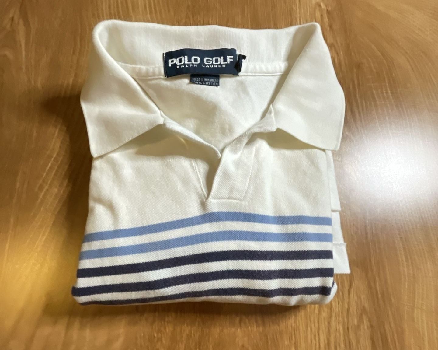 Polo Golf Ralph Lauren Men's White Pique Polo Shirt with Blue and Navy Chest Stripes 6