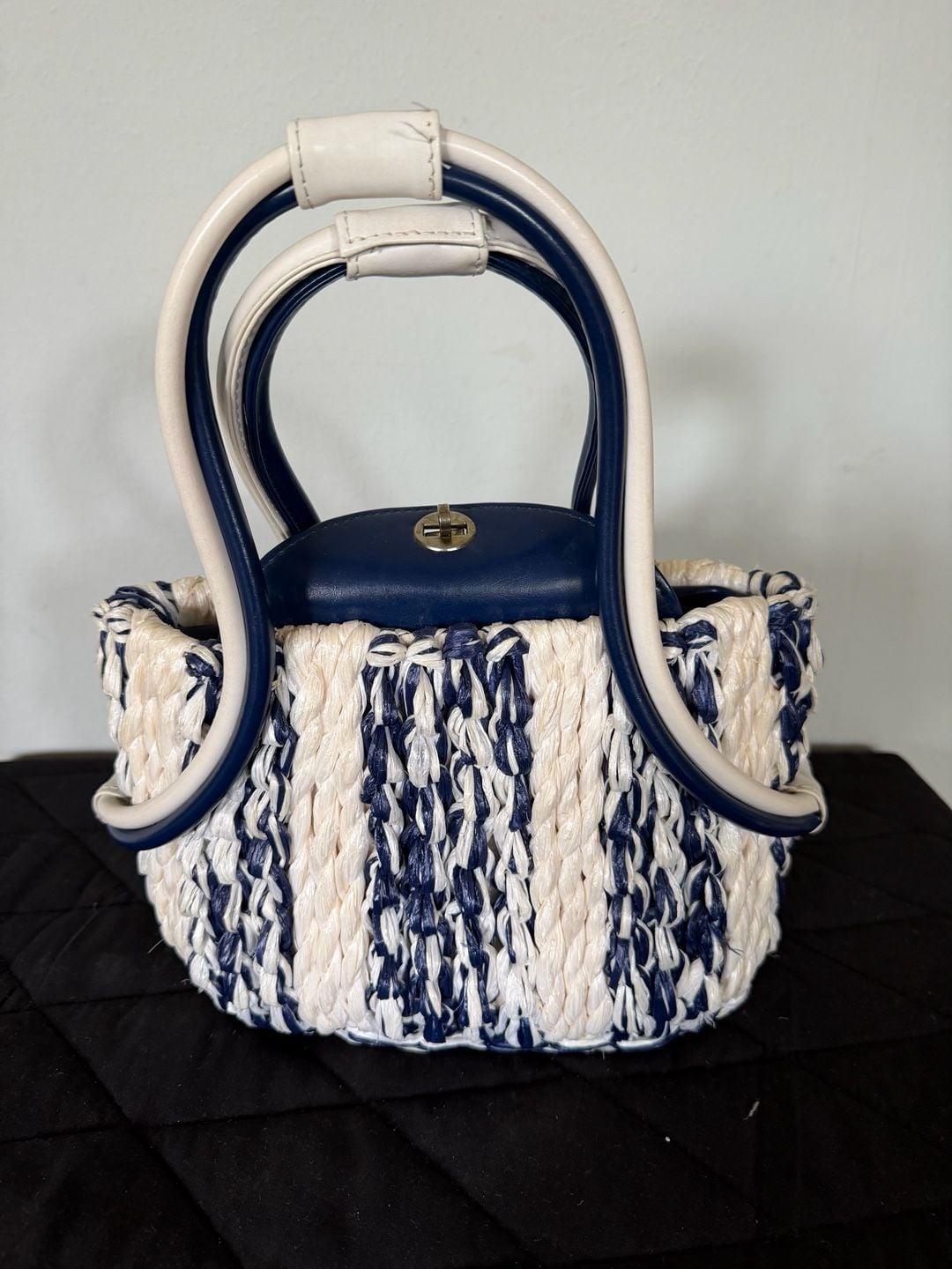 Vintage Walborg Hand-Crocheted Raffia Navy and White Stripe Top Handle Bag 11