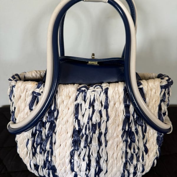 Vintage Walborg Hand-Crocheted Raffia Navy and White Stripe Top Handle Bag