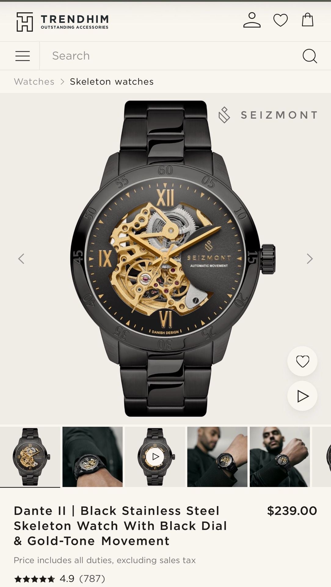 Seizmont Dante II Black Stainless Steel Skeleton Watch With Black Dial & Gold-Tone Movement 1