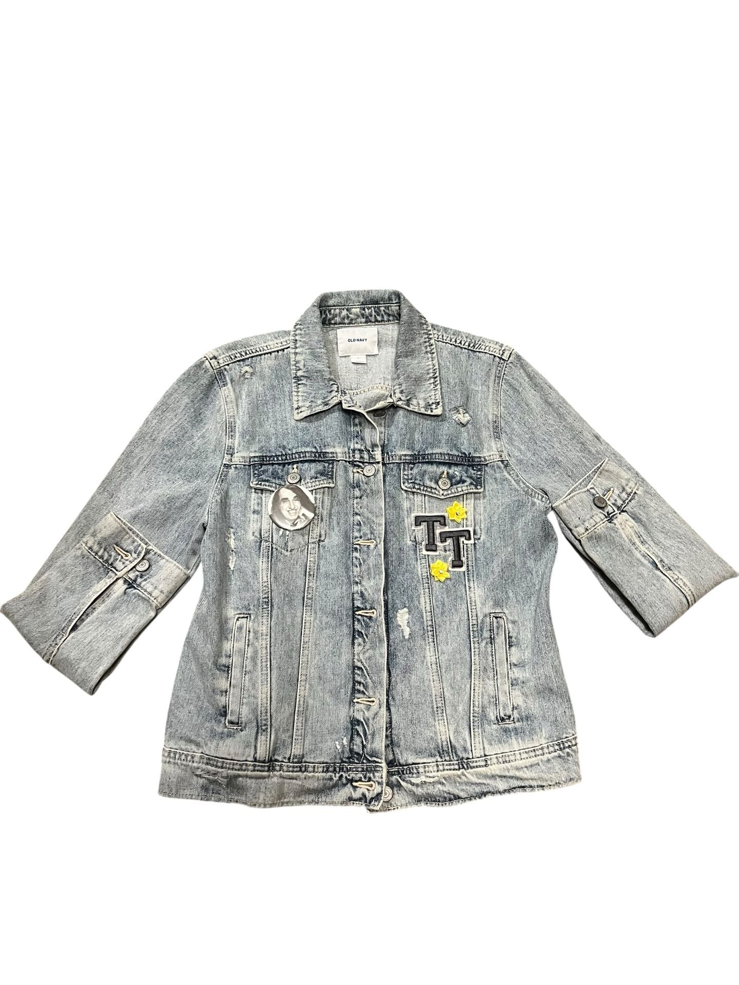 Old Navy Distressed Denim Jacket with Custom Tiny Tim Graphic 1