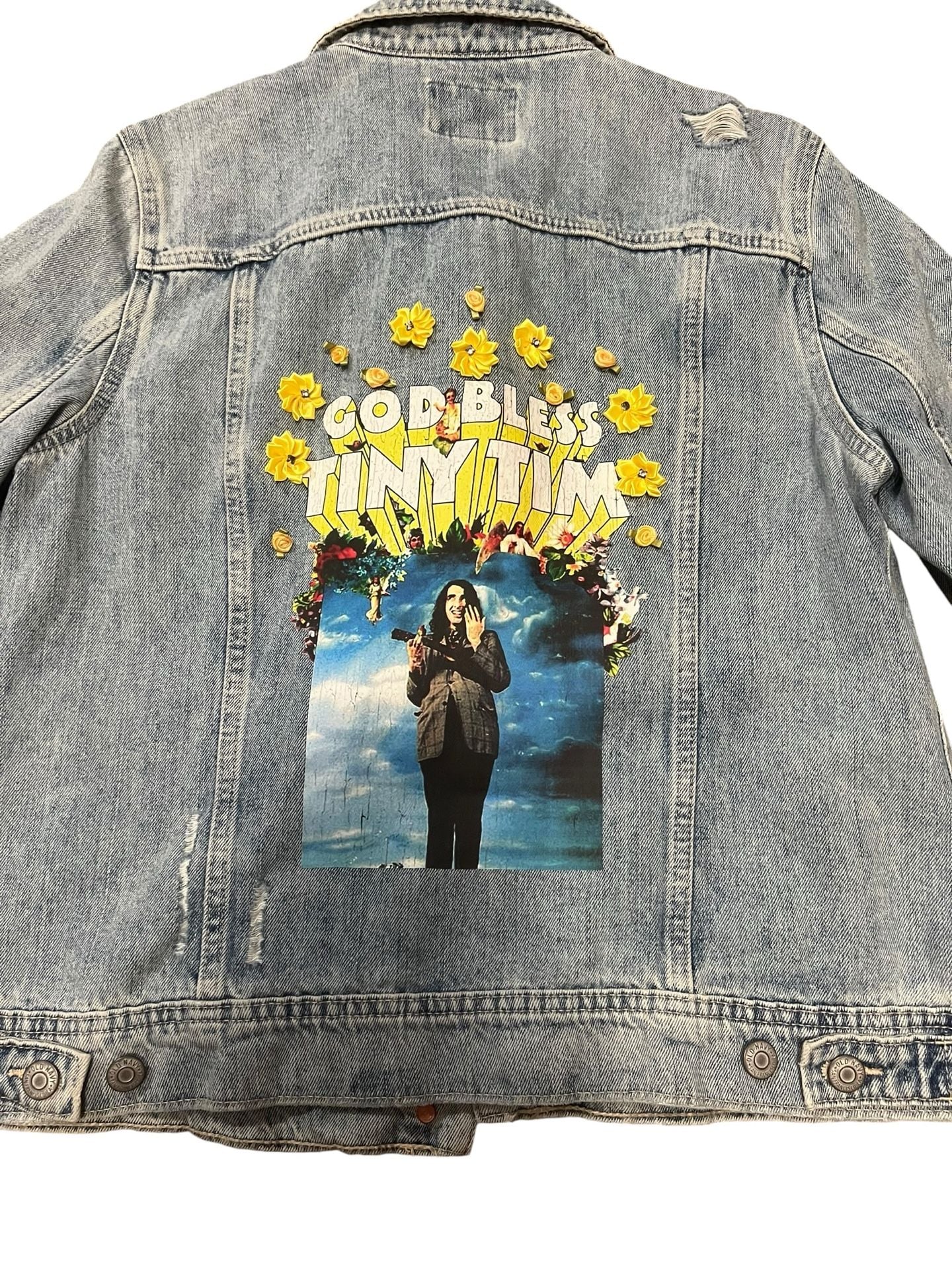Old Navy Distressed Denim Jacket with Custom Tiny Tim Graphic 4