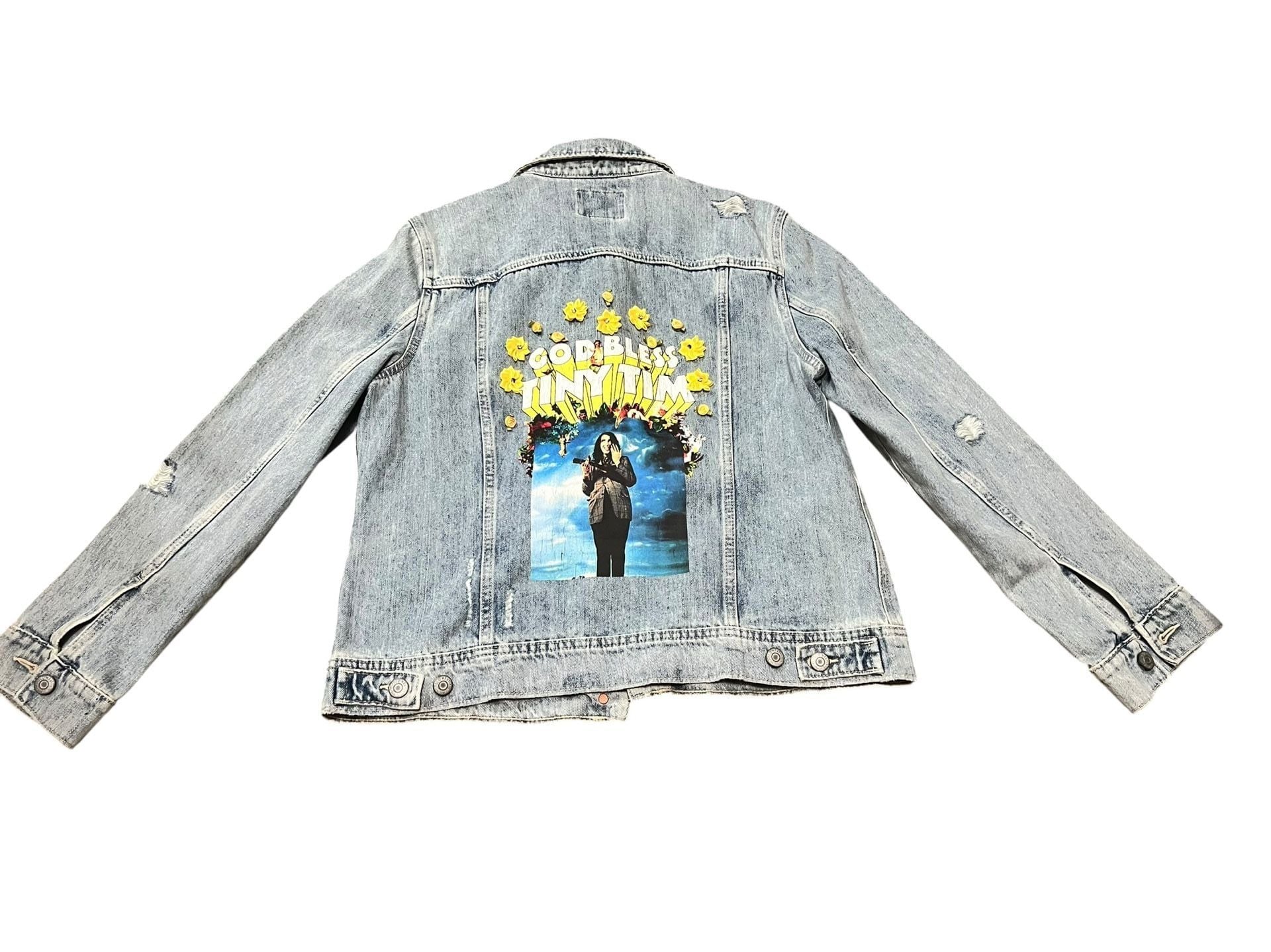 Old Navy Distressed Denim Jacket with Custom Tiny Tim Graphic 3