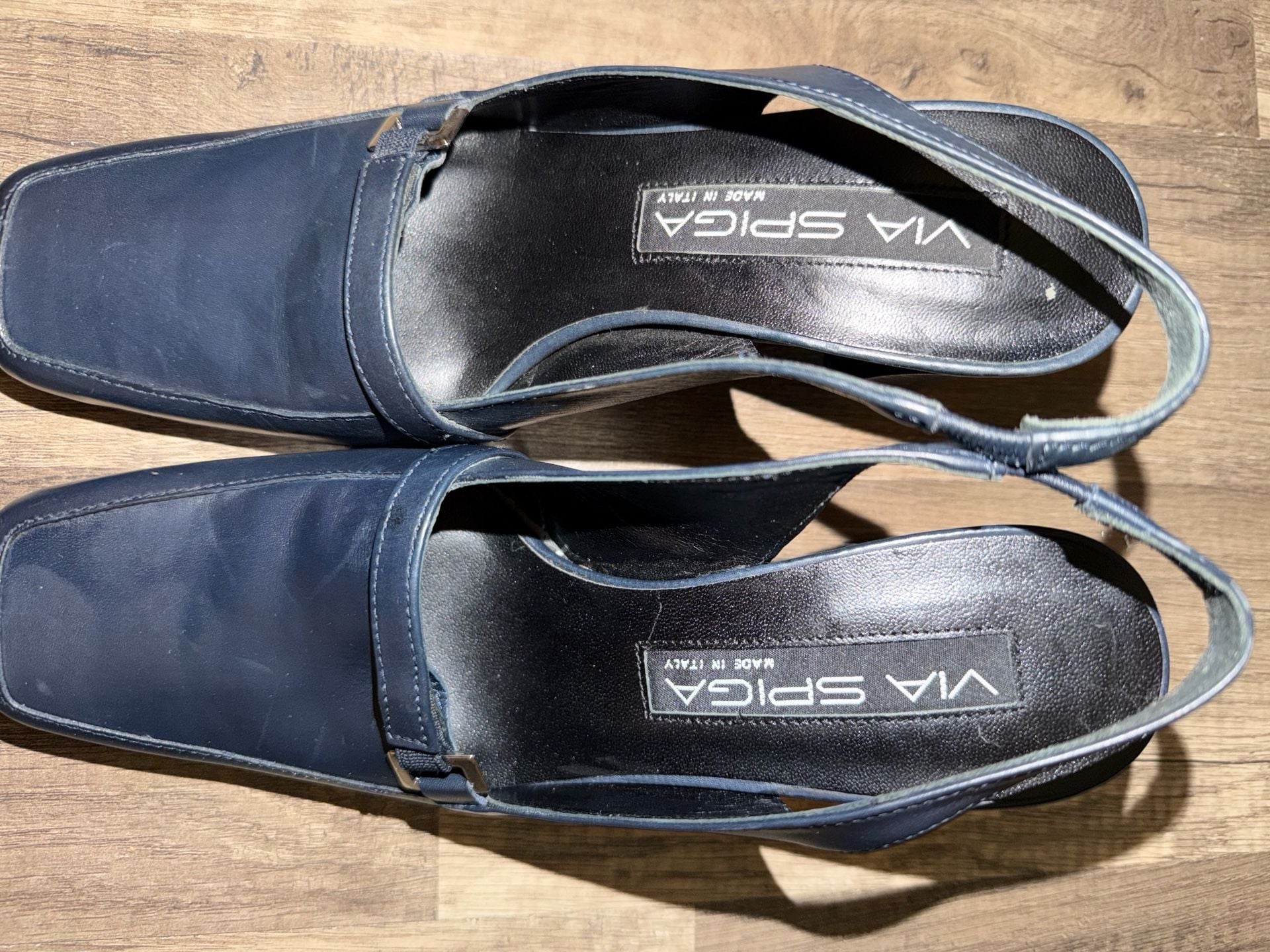 Via Spiga Navy Leather Square Toe Slingback Block Heel Pumps 2