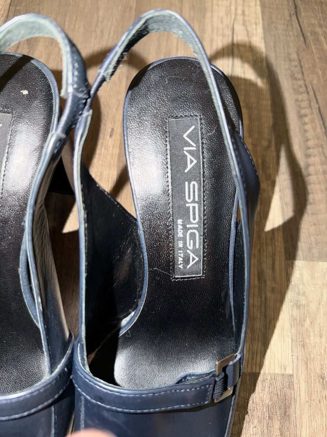 Via Spiga Navy Leather Square Toe Slingback Block Heel Pumps 3