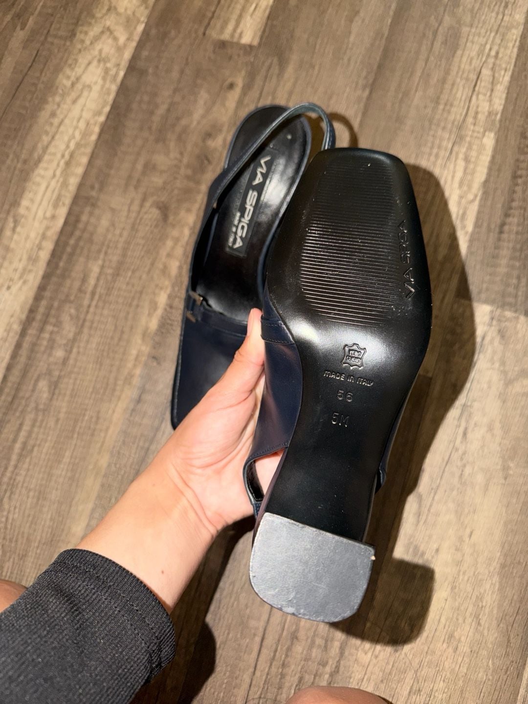 Via Spiga Navy Leather Square Toe Slingback Block Heel Pumps 4