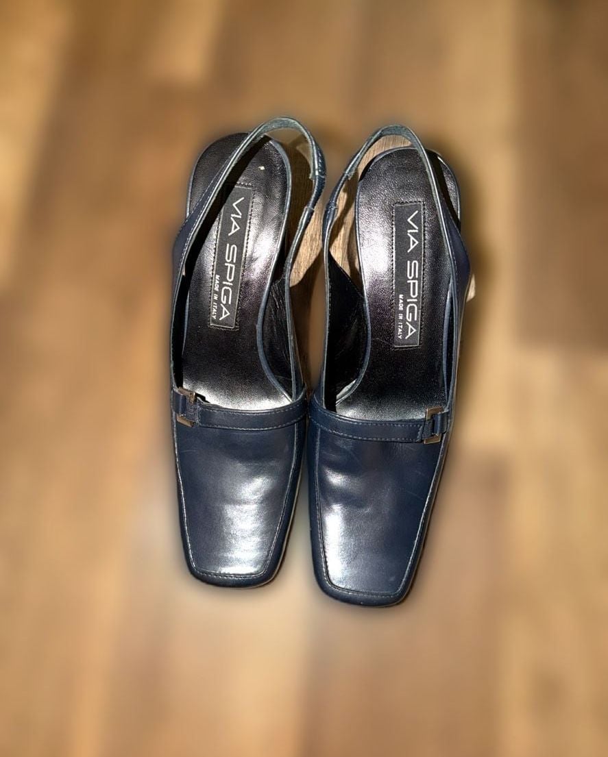 Via Spiga Navy Leather Square Toe Slingback Block Heel Pumps 1