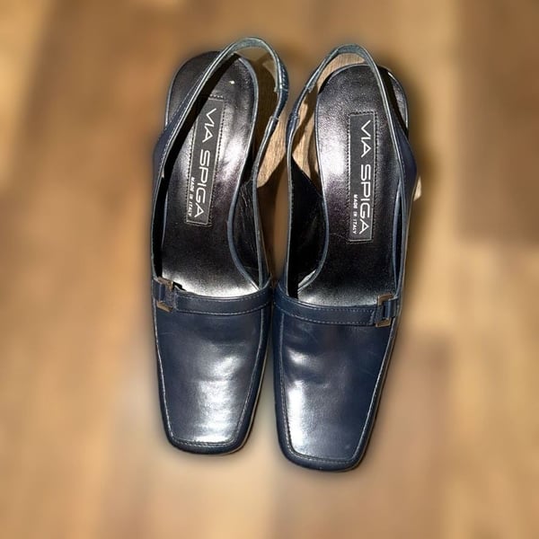 Via Spiga Navy Leather Square Toe Slingback Block Heel Pumps