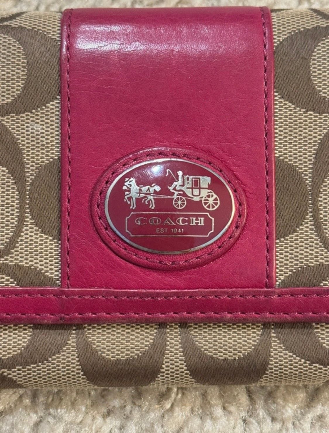 Coach Signature Canvas and Pink Leather Continental Flap Wallet 5