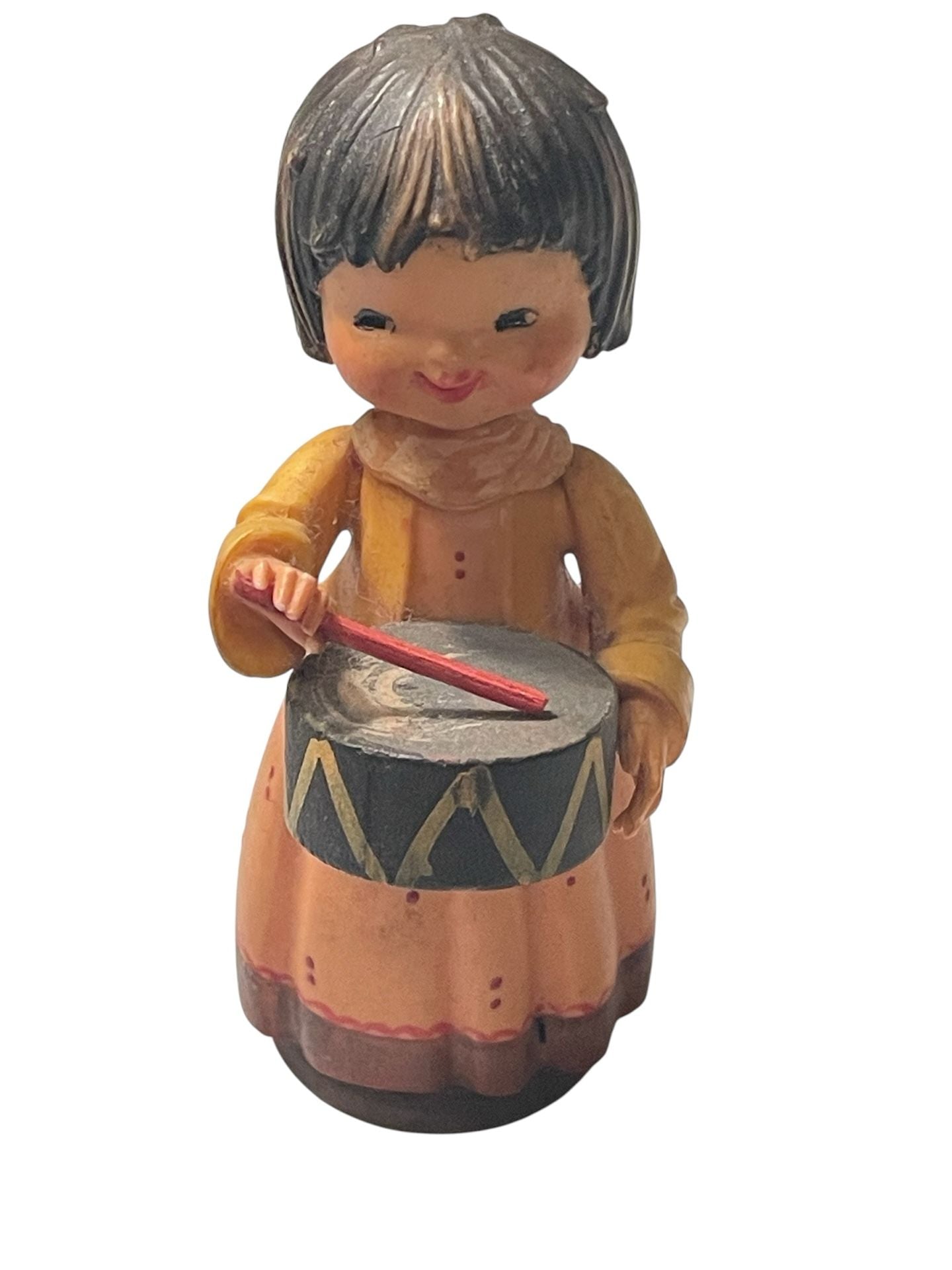 Vintage ANRI Hand-Carved Wood Figurine of a Girl Playing a Drum 1