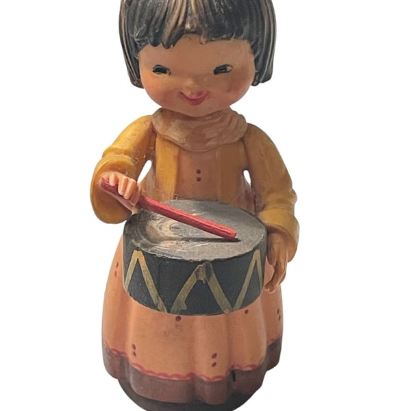 Vintage ANRI Hand-Carved Wood Figurine of a Girl Playing a Drum