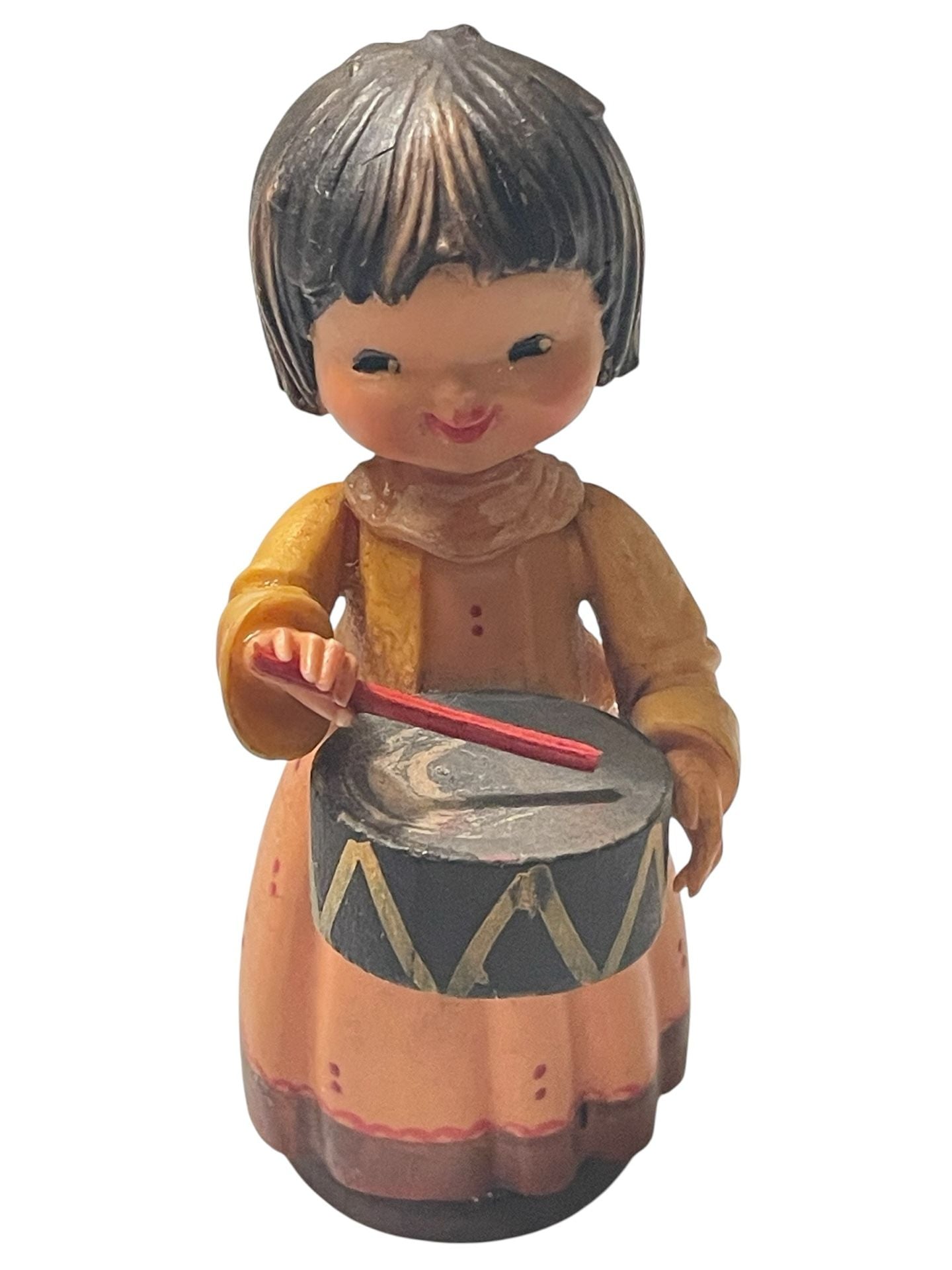 Vintage ANRI Hand-Carved Wood Figurine of a Girl Playing a Drum 2