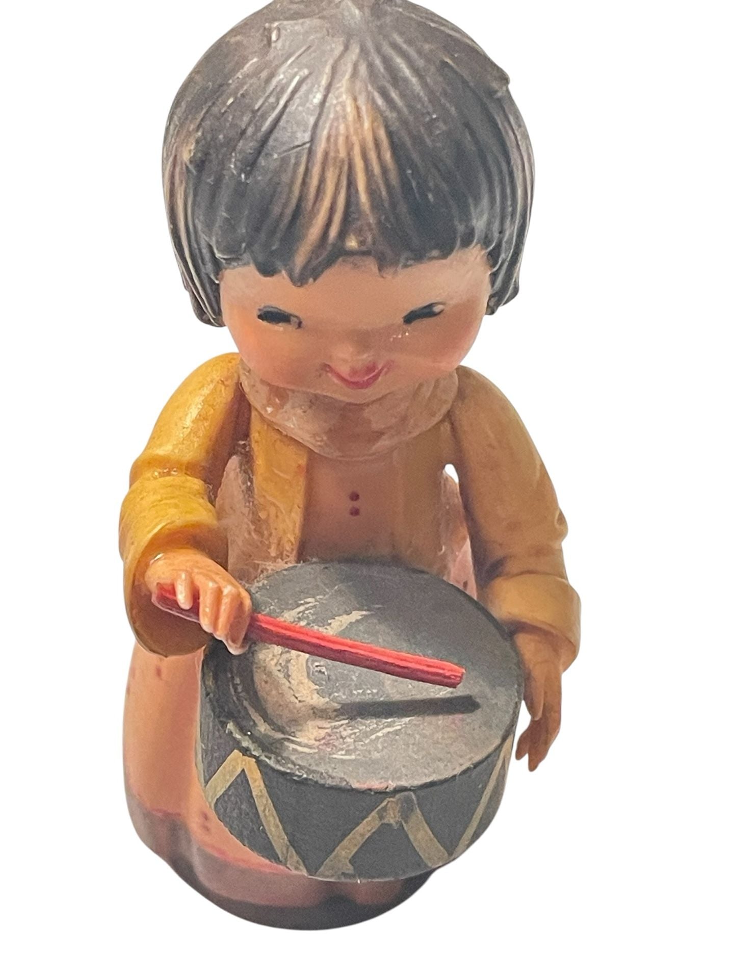 Vintage ANRI Hand-Carved Wood Figurine of a Girl Playing a Drum 3