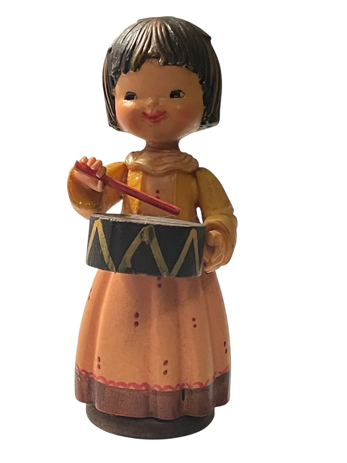 Vintage ANRI Hand-Carved Wood Figurine of a Girl Playing a Drum 4