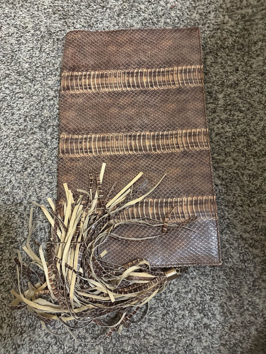 Vintage Faux Snakeskin Brown Python Embossed Clutch Bag with Fringe Tassel 1