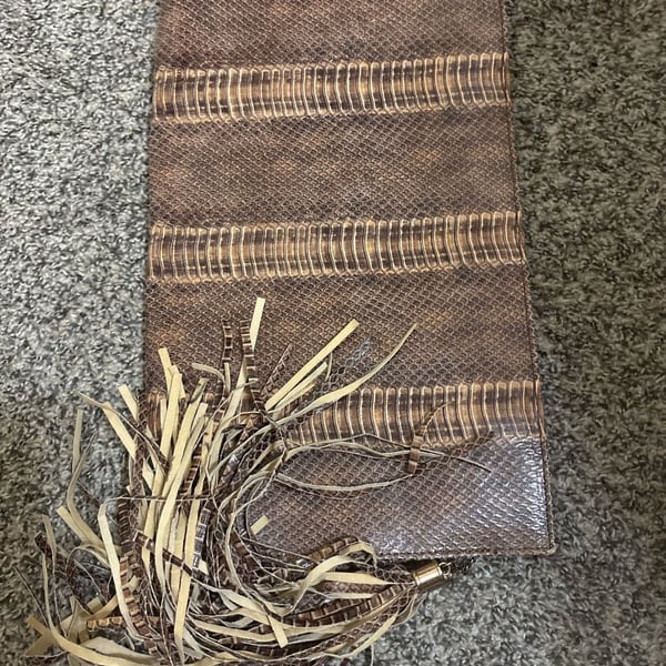 Vintage Faux Snakeskin Brown Python Embossed Clutch Bag with Fringe Tassel