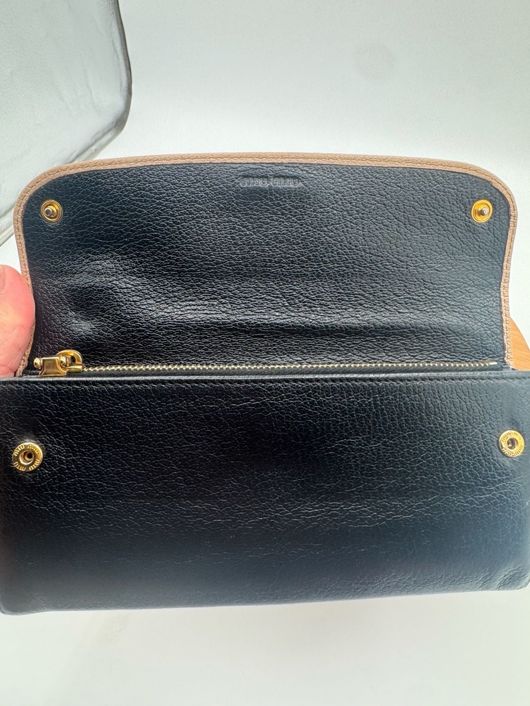 Miu Miu Madras Bicolore Continental Wallet Black Beige Leather Gold Logo 7