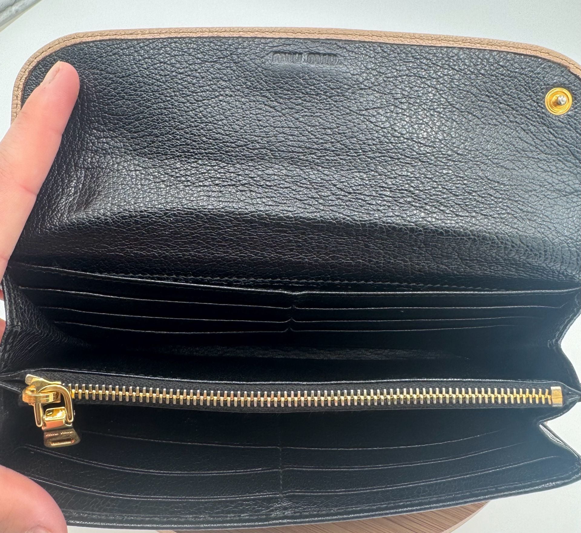 Miu Miu Madras Bicolore Continental Wallet Black Beige Leather Gold Logo 8