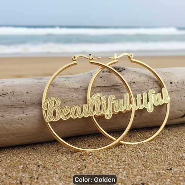 Gold-Tone 'Beautiful' Script Lettering Hoop Earrings