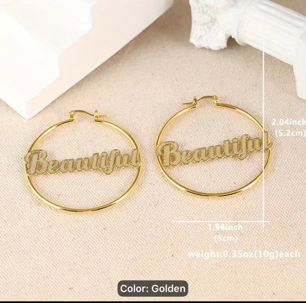 Gold-Tone 'Beautiful' Script Lettering Hoop Earrings 3