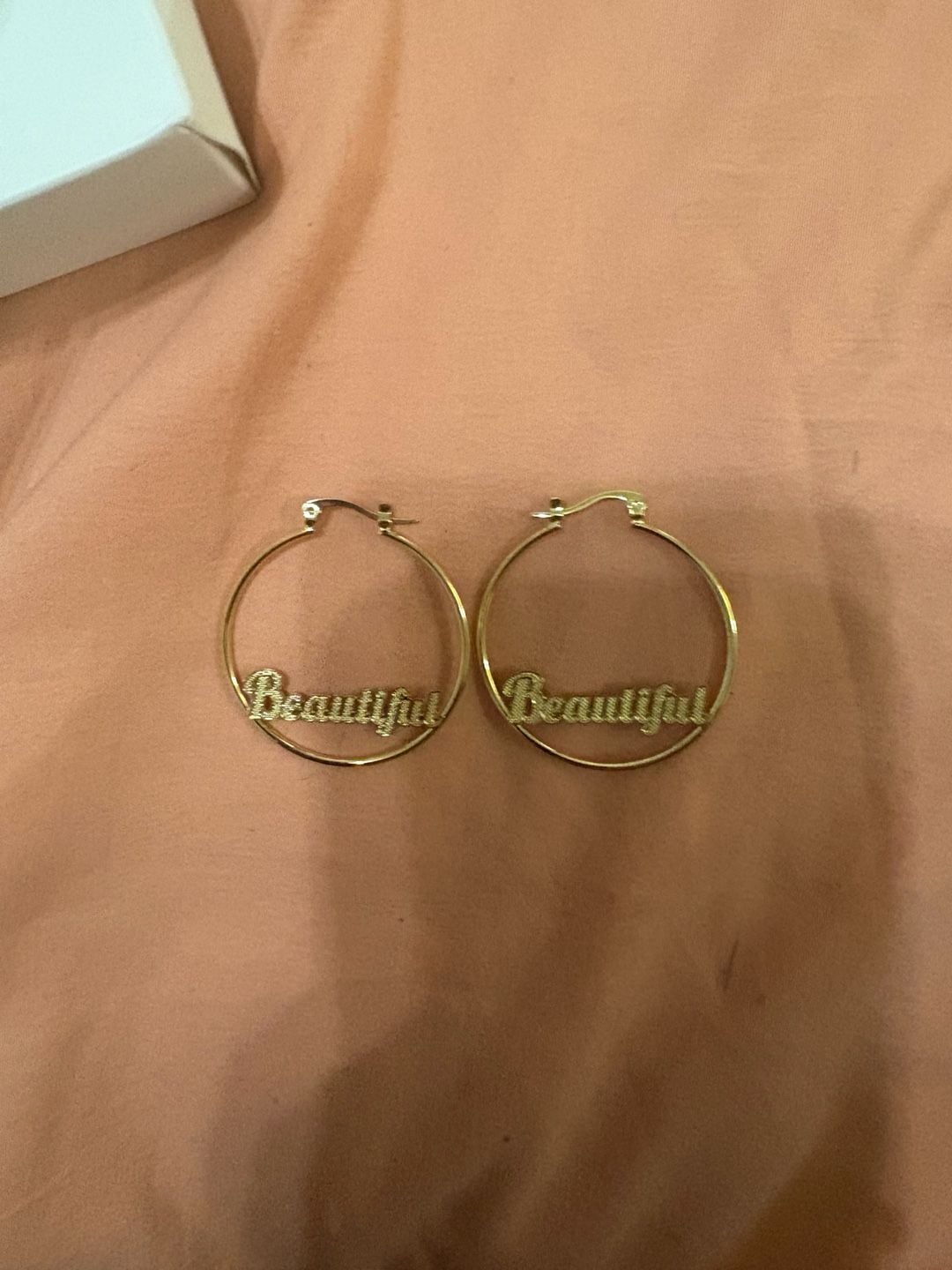 Gold-Tone 'Beautiful' Script Lettering Hoop Earrings 6