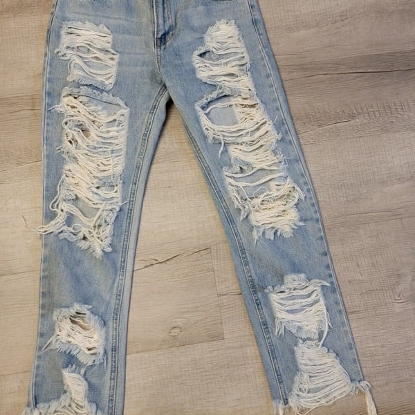 Insane Gene Light Wash Distressed Raw Hem Straight Leg Jeans