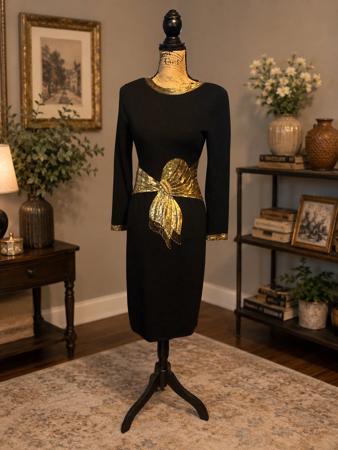 Vintage Don Sayres for Wellmore Black Wool Blend Cocktail Dress | Gold Beaded & Sequin Bow | Made in USA | Size 4 2