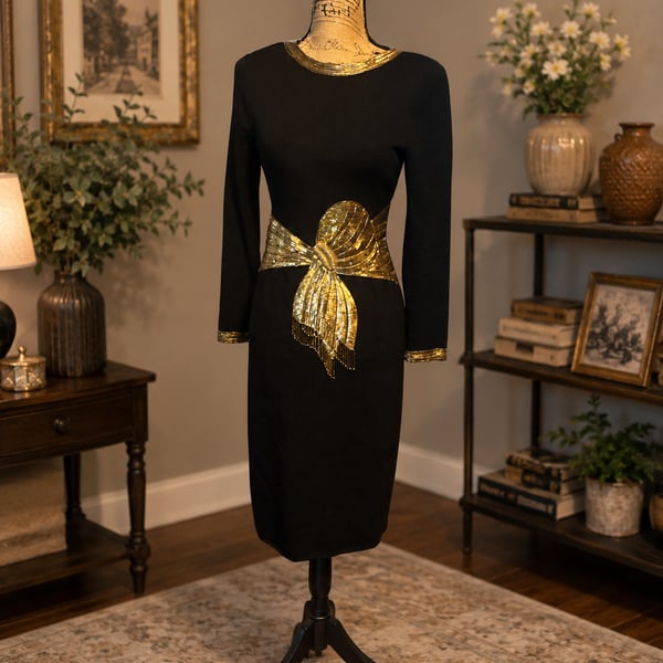 Vintage Don Sayres for Wellmore Black Wool Blend Cocktail Dress | Gold Beaded & Sequin Bow | Made in USA | Size 4