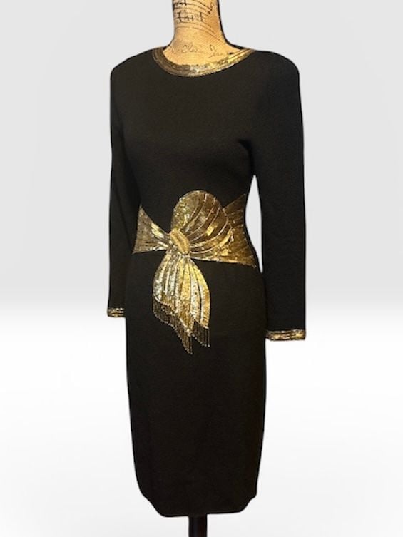 Vintage Don Sayres for Wellmore Black Wool Blend Cocktail Dress | Gold Beaded & Sequin Bow | Made in USA | Size 4 3
