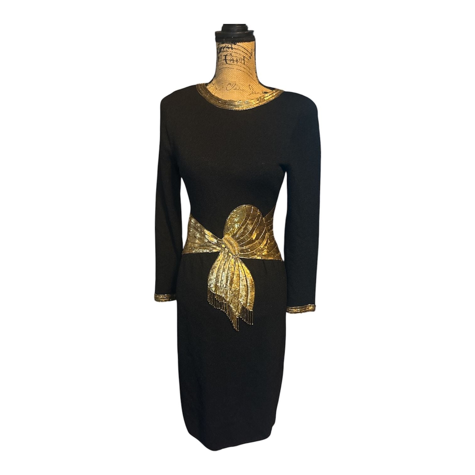 Vintage Don Sayres for Wellmore Black Wool Blend Cocktail Dress | Gold Beaded & Sequin Bow | Made in USA | Size 4 4