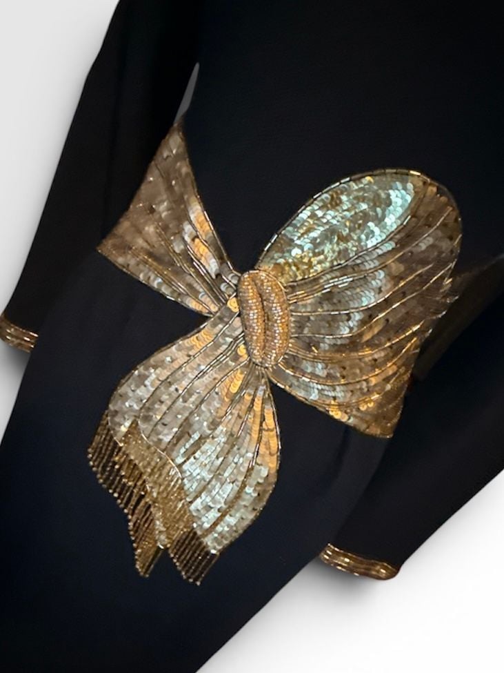 Vintage Don Sayres for Wellmore Black Wool Blend Cocktail Dress | Gold Beaded & Sequin Bow | Made in USA | Size 4 5