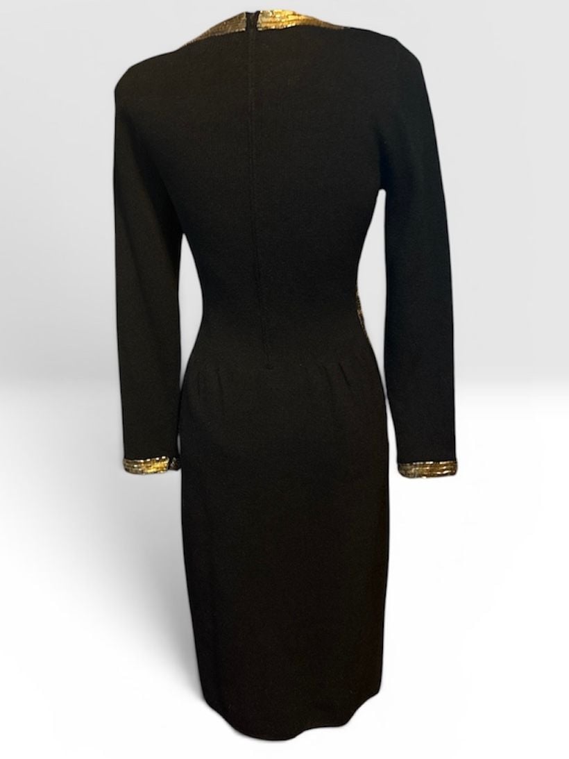 Vintage Don Sayres for Wellmore Black Wool Blend Cocktail Dress | Gold Beaded & Sequin Bow | Made in USA | Size 4 7