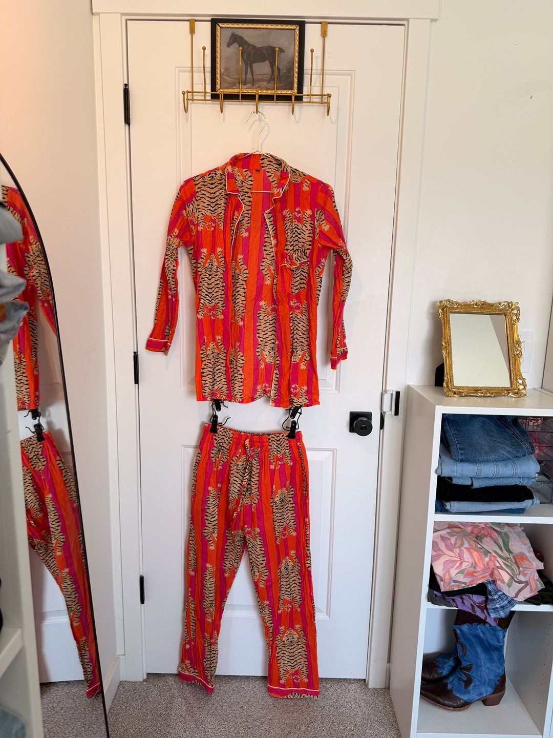 Cotton Long Pajama Set in Tibetan Tiger Pink & Orange 1