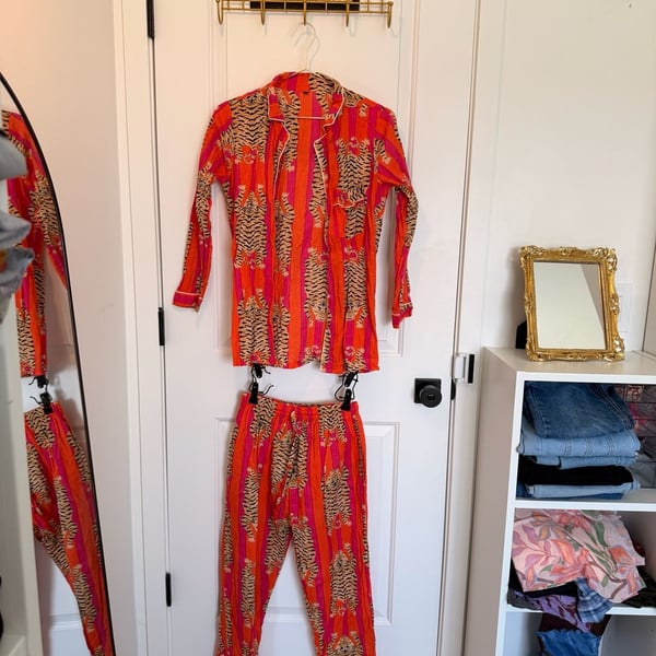 Cotton Long Pajama Set in Tibetan Tiger Pink & Orange