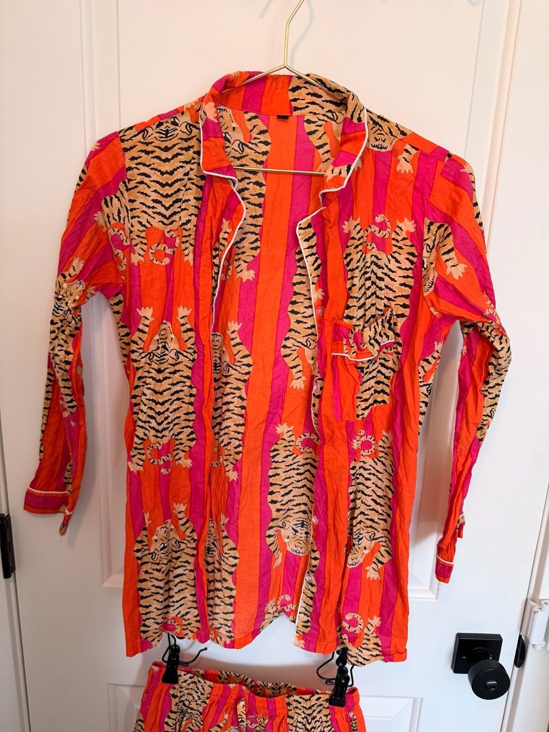 Cotton Long Pajama Set in Tibetan Tiger Pink & Orange 2